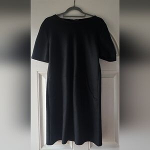 ZARA Black Ponte Shift Dress Short Sleeve Pockets Minimalist Chic Size Medium